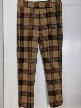 Krazy Larry Beige Brown Plaid Pull On Stretch Pants Women's Size 10 Soft Comfy